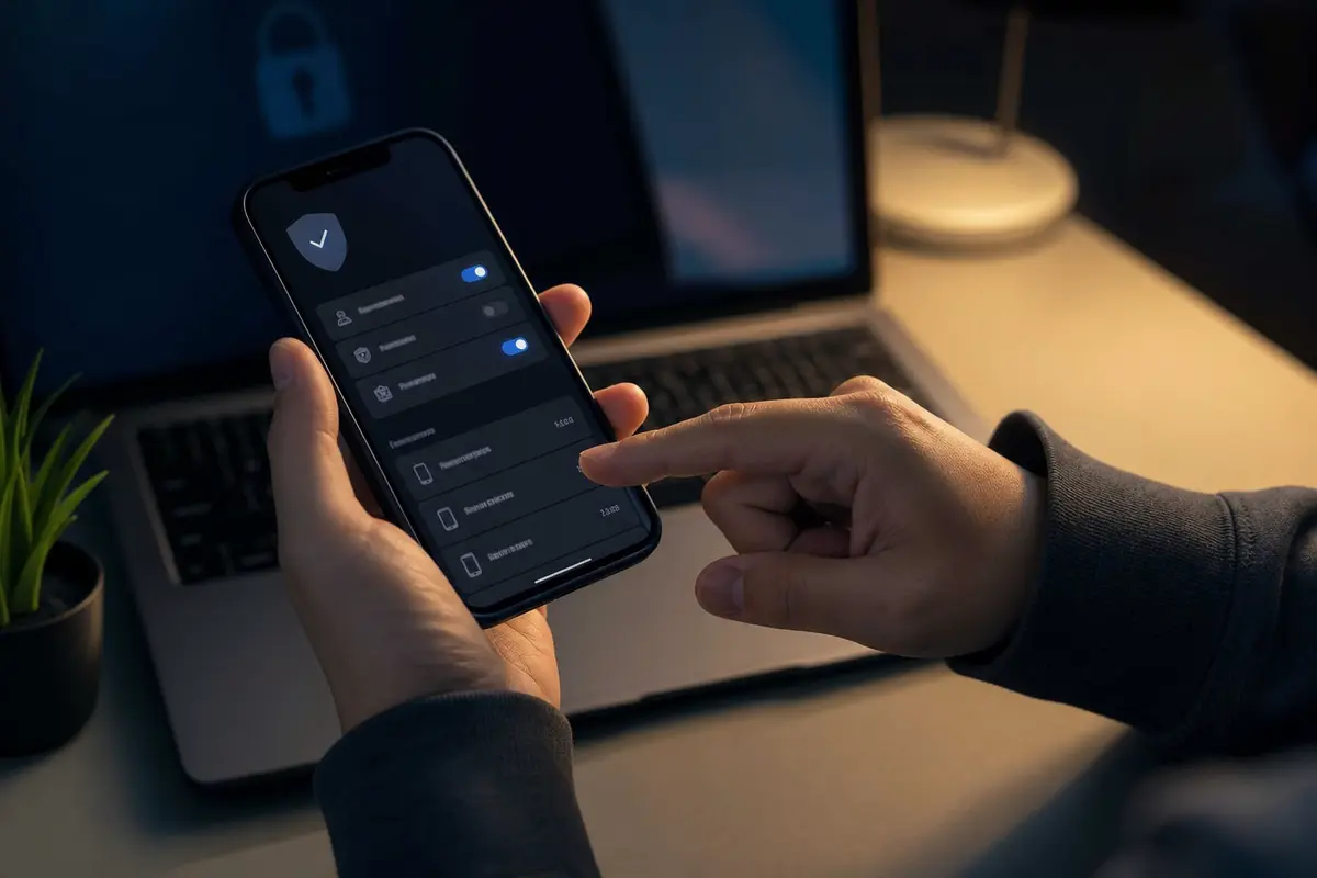 Persona che controlla impostazioni di sicurezza e account collegati sul telefono
