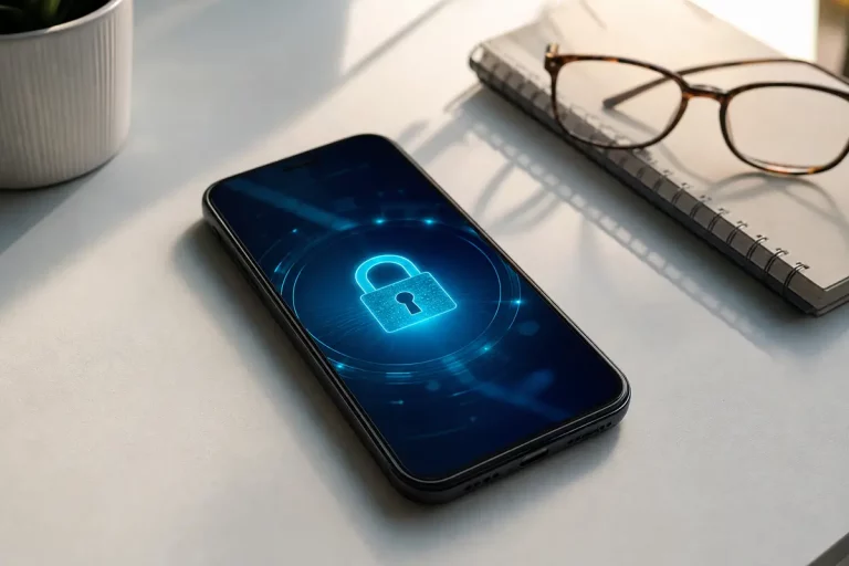 Smartphone su una scrivania con tema privacy digitale e sicurezza dei dati