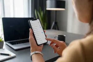Persona che controlla le impostazioni di sicurezza del telefono per proteggere i social