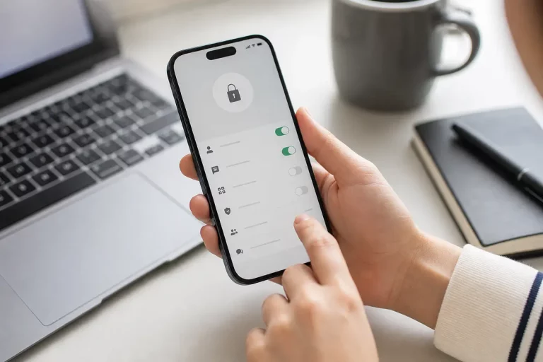 Persona che controlla le impostazioni di privacy e sicurezza su uno smartphone
