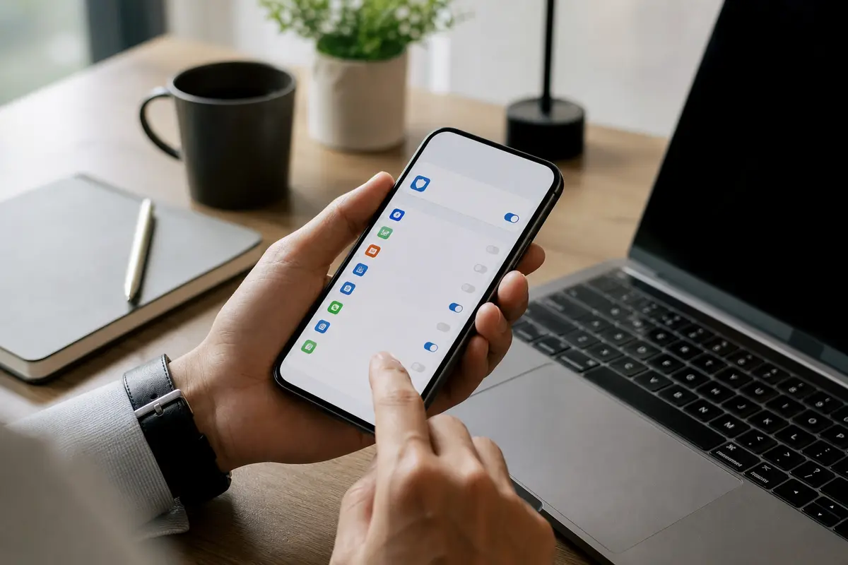 Smartphone e laptop su una scrivania con atmosfera di privacy e sicurezza digitale